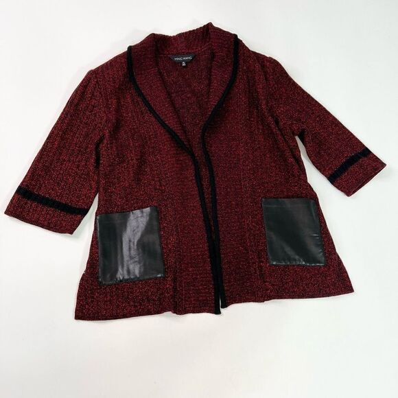 Ming Wang Cardigan Sweater Womens PL Red Open Front Faux Leather Pockets Knitted - Picture 6 of 11